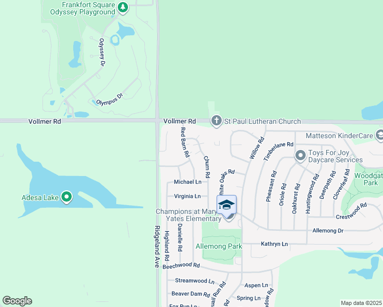 map of restaurants, bars, coffee shops, grocery stores, and more near 59 Red Barn Road in Matteson