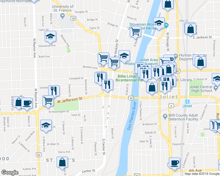 map of restaurants, bars, coffee shops, grocery stores, and more near 116 North Center Street in Joliet