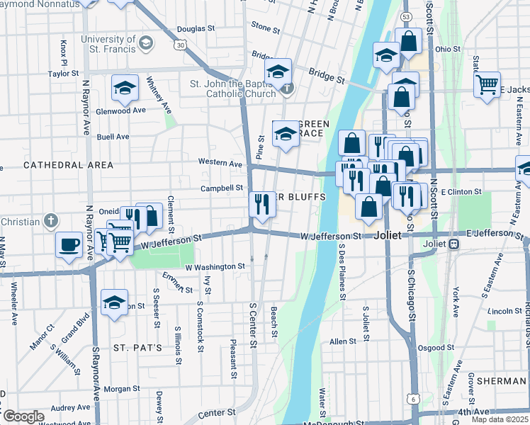 map of restaurants, bars, coffee shops, grocery stores, and more near 116 North Center Street in Joliet