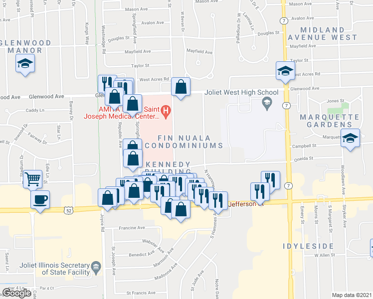 map of restaurants, bars, coffee shops, grocery stores, and more near 210 Madison Street in Joliet