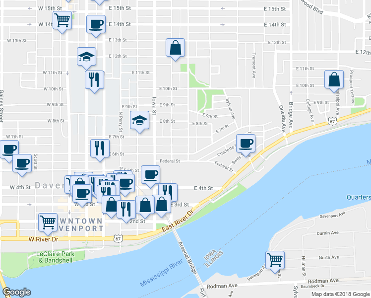 map of restaurants, bars, coffee shops, grocery stores, and more near 526 East 6th Street in Davenport