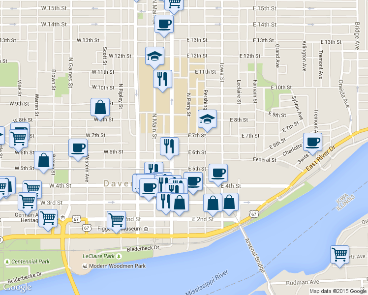 map of restaurants, bars, coffee shops, grocery stores, and more near 126 East 6th Street in Davenport