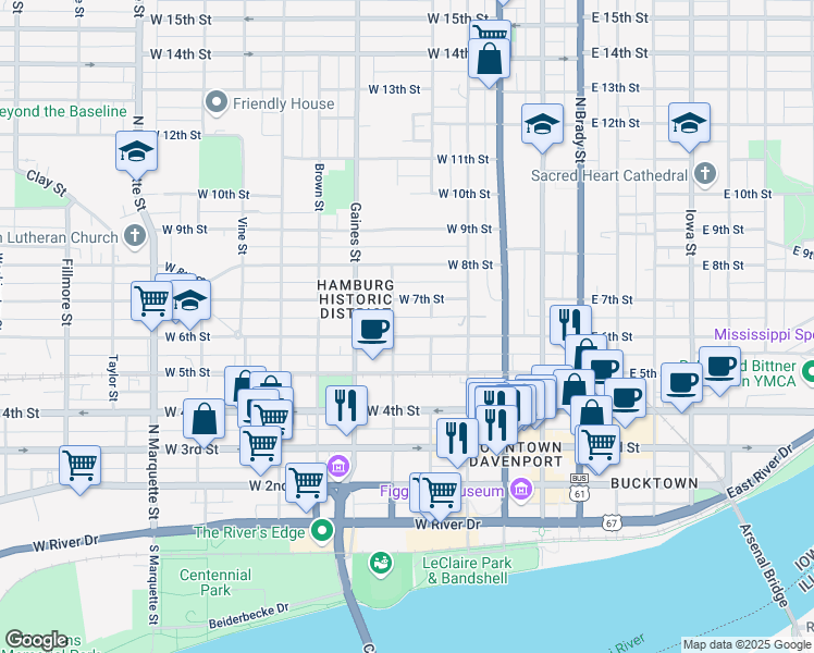 map of restaurants, bars, coffee shops, grocery stores, and more near 514 West 6th Street in Davenport