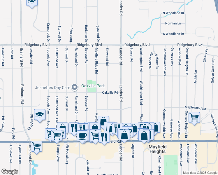 map of restaurants, bars, coffee shops, grocery stores, and more near 1265 Elmwood Road in Mayfield Heights