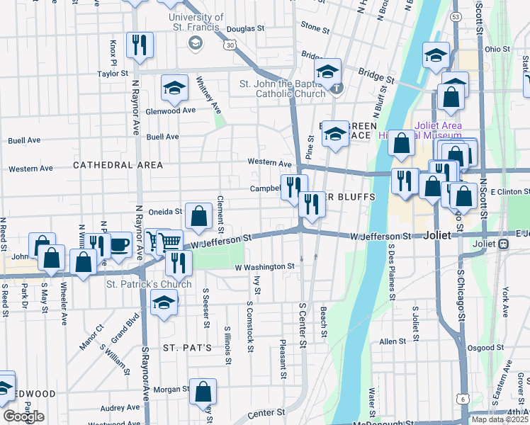 map of restaurants, bars, coffee shops, grocery stores, and more near 428 Oneida Street in Joliet