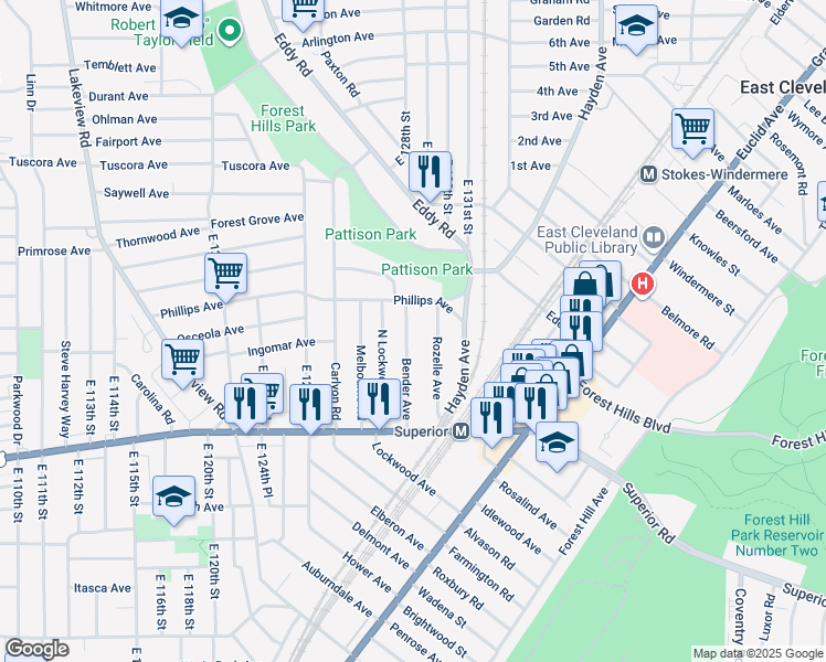 map of restaurants, bars, coffee shops, grocery stores, and more near 1195 Bender Avenue in East Cleveland