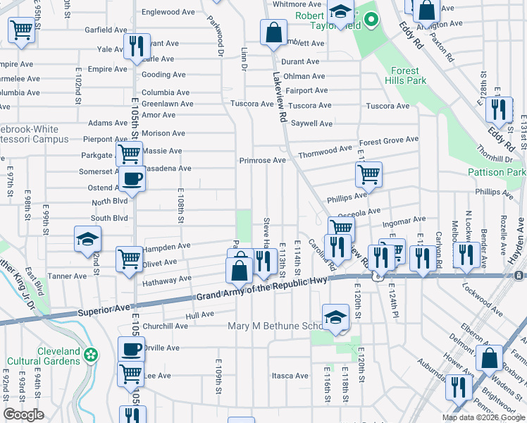 map of restaurants, bars, coffee shops, grocery stores, and more near 1168 Steve Harvey Way in Cleveland