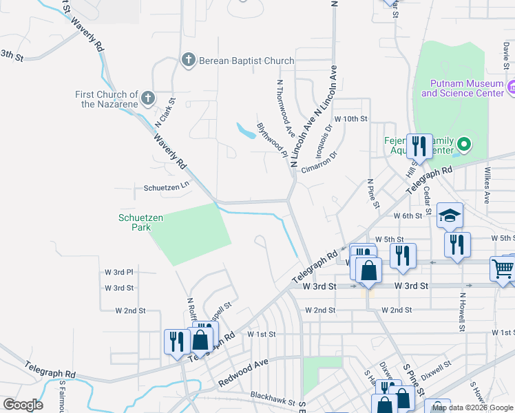 map of restaurants, bars, coffee shops, grocery stores, and more near 642 Waverly Road in Davenport