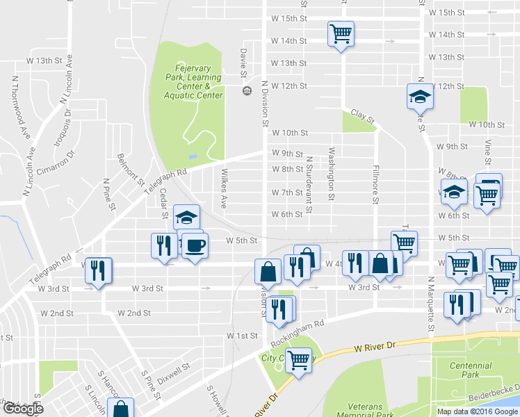 map of restaurants, bars, coffee shops, grocery stores, and more near 608 North Division Street in Davenport