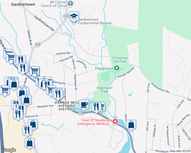 map of restaurants, bars, coffee shops, grocery stores, and more near 45 Waring Rd in Newburgh
