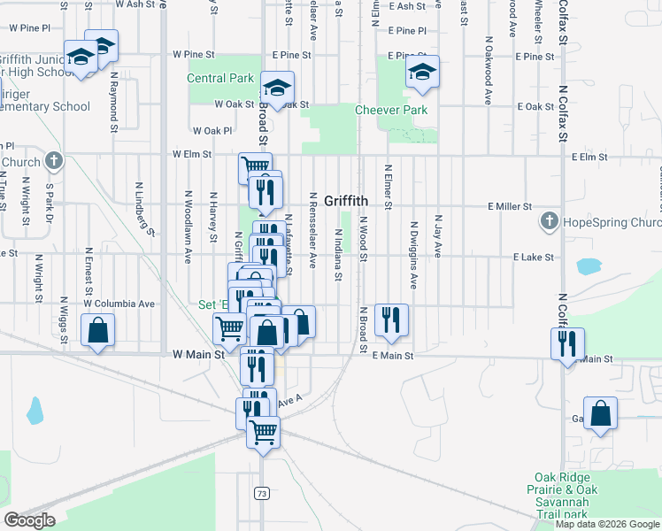 map of restaurants, bars, coffee shops, grocery stores, and more near 238 North Indiana Street in Griffith