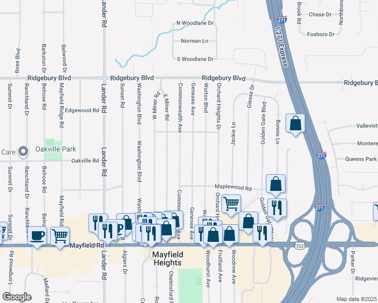 map of restaurants, bars, coffee shops, grocery stores, and more near 1268 Genesee Ave in Mayfield Heights