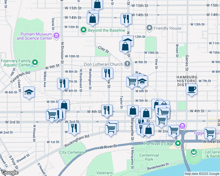map of restaurants, bars, coffee shops, grocery stores, and more near 611 Fillmore Street in Davenport