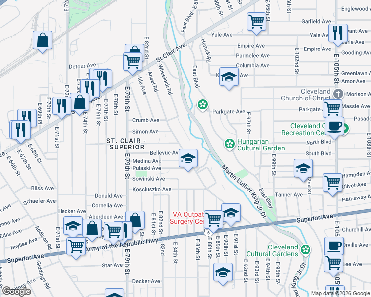 map of restaurants, bars, coffee shops, grocery stores, and more near 1041 Ansel Road in Cleveland