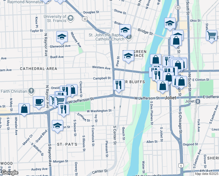 map of restaurants, bars, coffee shops, grocery stores, and more near 406 Oneida Street in Joliet