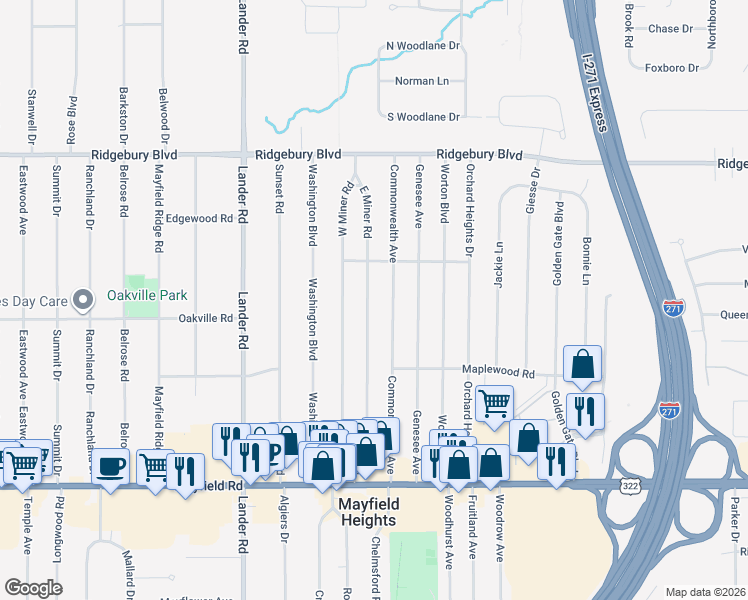 map of restaurants, bars, coffee shops, grocery stores, and more near 1265 East Miner Road in Mayfield Heights