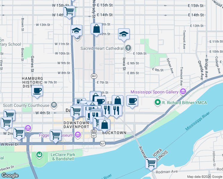 map of restaurants, bars, coffee shops, grocery stores, and more near 224 East 6th Street in Davenport