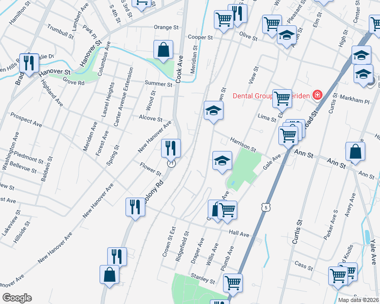 map of restaurants, bars, coffee shops, grocery stores, and more near 474 South Colony Street in Meriden