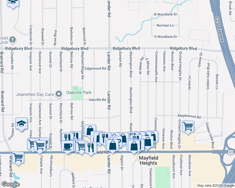 map of restaurants, bars, coffee shops, grocery stores, and more near 1266 Sunset Road in Mayfield Heights