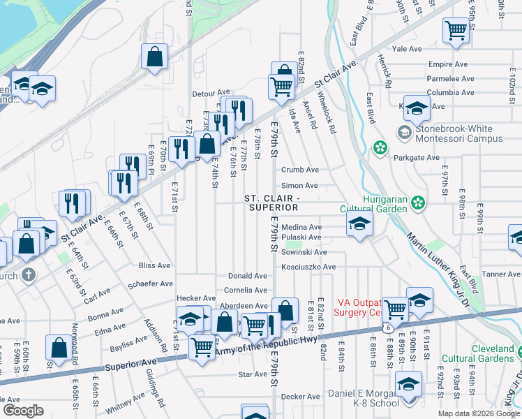 map of restaurants, bars, coffee shops, grocery stores, and more near 1063 East 78th Street in Cleveland
