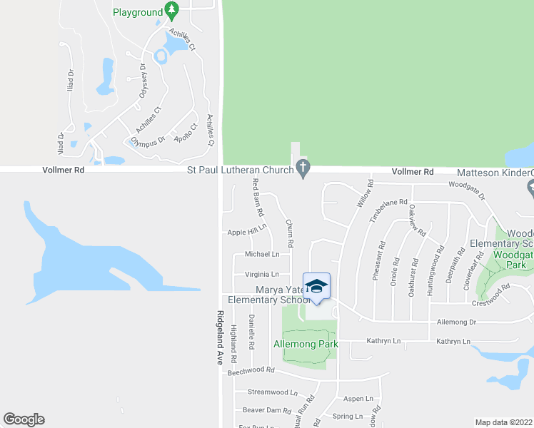map of restaurants, bars, coffee shops, grocery stores, and more near 59 Red Barn Road in Matteson