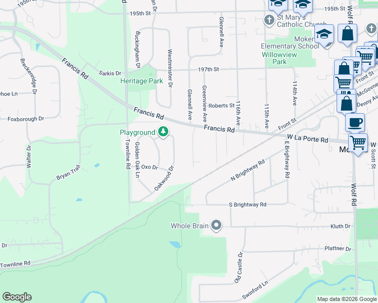 map of restaurants, bars, coffee shops, grocery stores, and more near 19954 Hillgate Road in Mokena