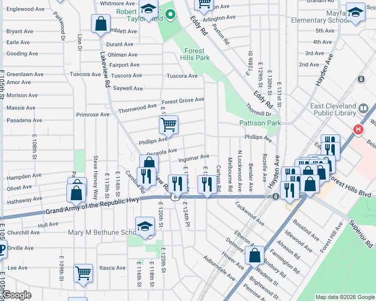 map of restaurants, bars, coffee shops, grocery stores, and more near 12330 Osceola Avenue in Cleveland