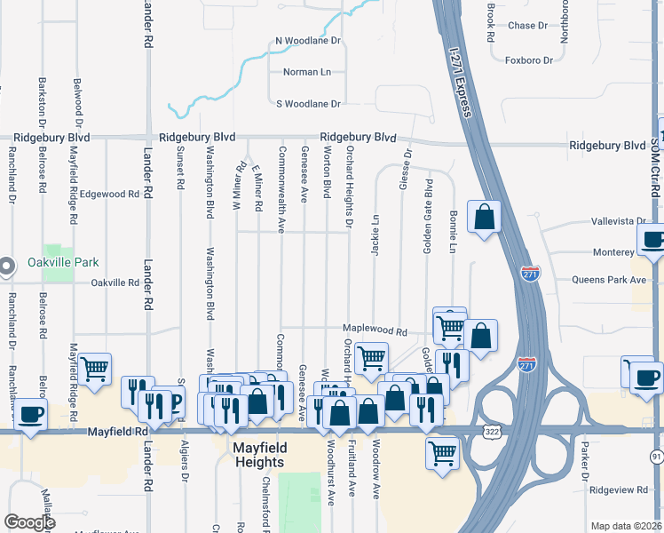 map of restaurants, bars, coffee shops, grocery stores, and more near 1267 Worton Boulevard in Mayfield Heights