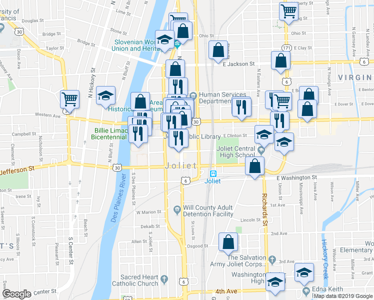 map of restaurants, bars, coffee shops, grocery stores, and more near 5 East Van Buren Street in Joliet