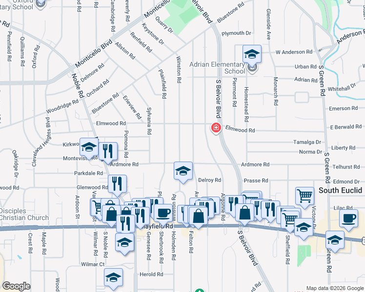 map of restaurants, bars, coffee shops, grocery stores, and more near 1247 Winston Road in South Euclid