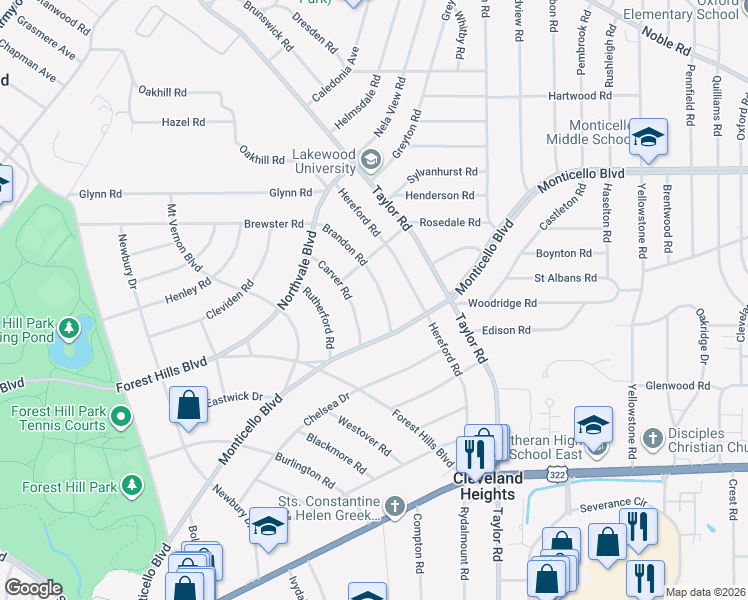 map of restaurants, bars, coffee shops, grocery stores, and more near 1158 Brandon Road in Cleveland Heights