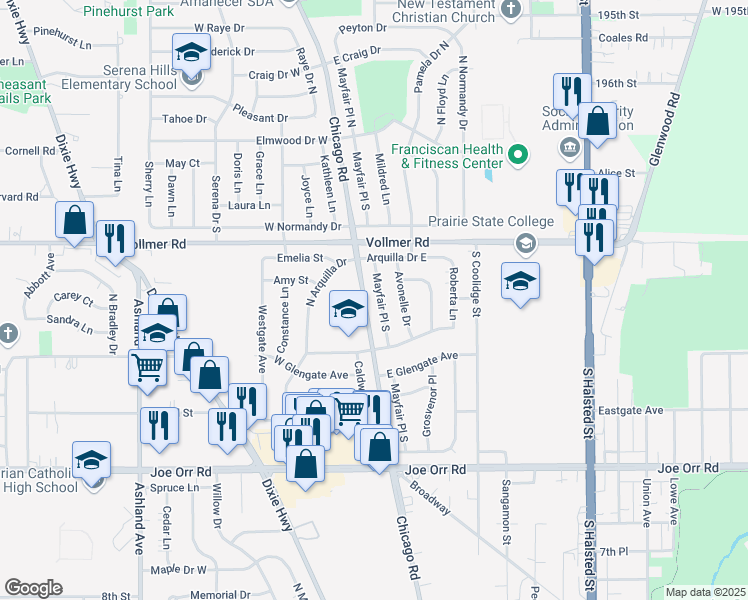 map of restaurants, bars, coffee shops, grocery stores, and more near 258 Mayfair Place South in Chicago Heights