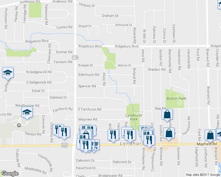 map of restaurants, bars, coffee shops, grocery stores, and more near 5208 Spencer Road in Lyndhurst
