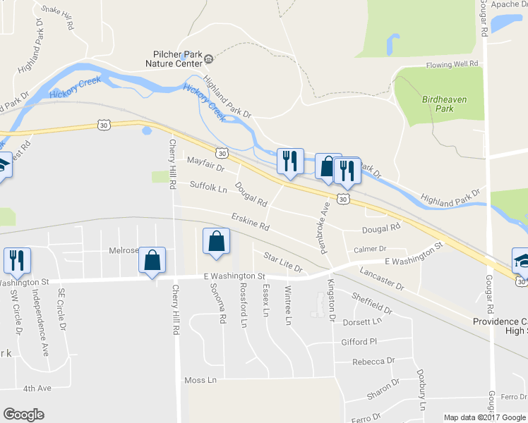 map of restaurants, bars, coffee shops, grocery stores, and more near 2460 Dougal Road in Joliet