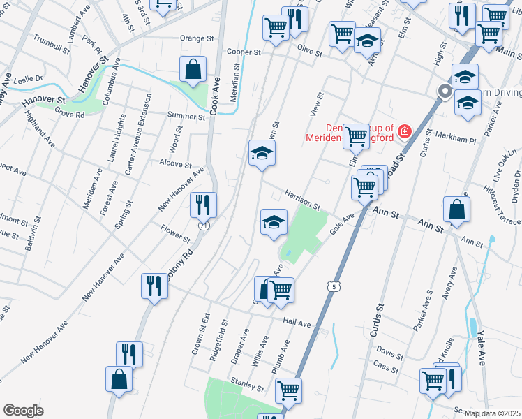 map of restaurants, bars, coffee shops, grocery stores, and more near 440 Crown Street in Meriden