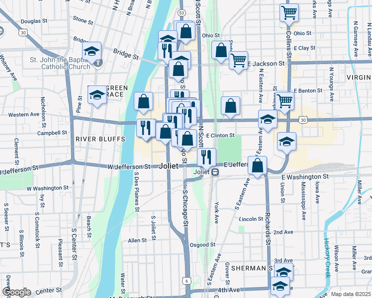 map of restaurants, bars, coffee shops, grocery stores, and more near 100n North Chicago Street in Joliet