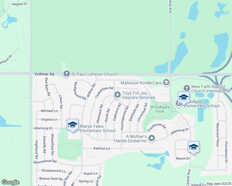 map of restaurants, bars, coffee shops, grocery stores, and more near 29 Oakview Road in Matteson