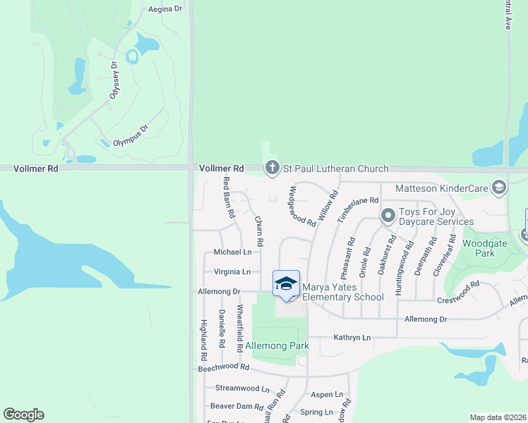 map of restaurants, bars, coffee shops, grocery stores, and more near 115 Churn Road in Matteson