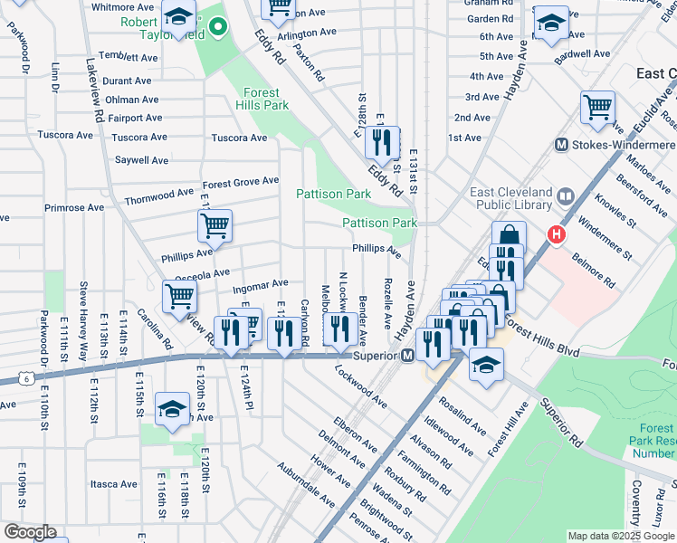map of restaurants, bars, coffee shops, grocery stores, and more near 1194 North Lockwood Avenue in East Cleveland
