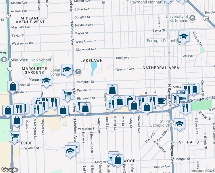 map of restaurants, bars, coffee shops, grocery stores, and more near 1155 Oneida Street in Joliet