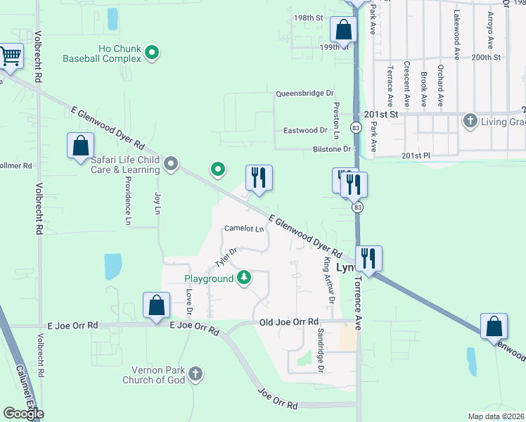 map of restaurants, bars, coffee shops, grocery stores, and more near 2186 Glenwood Dyer Road in Chicago Heights