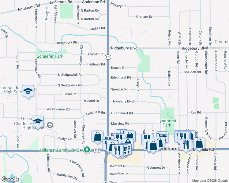 map of restaurants, bars, coffee shops, grocery stores, and more near 5096 Spencer Road in Lyndhurst