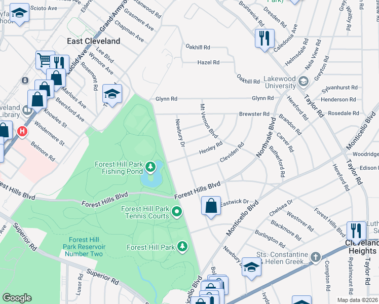 map of restaurants, bars, coffee shops, grocery stores, and more near 15585 Henley Road in East Cleveland