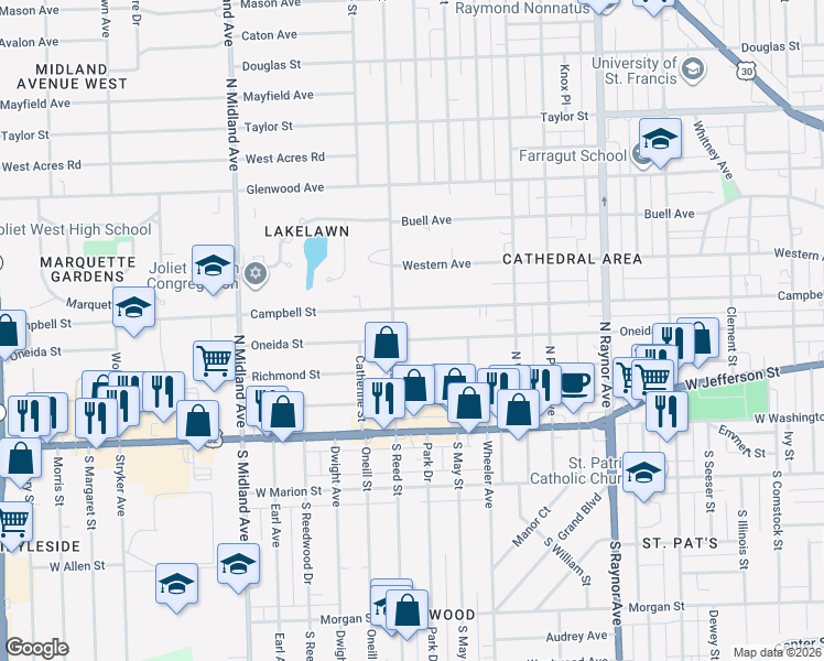 map of restaurants, bars, coffee shops, grocery stores, and more near 1019 Oneida Street in Joliet