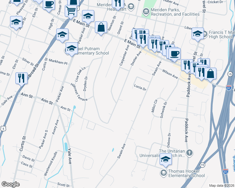 map of restaurants, bars, coffee shops, grocery stores, and more near 200 Carpenter Avenue in Meriden