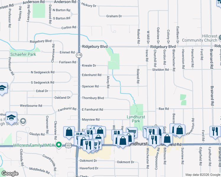 map of restaurants, bars, coffee shops, grocery stores, and more near 5208 Spencer Road in Lyndhurst