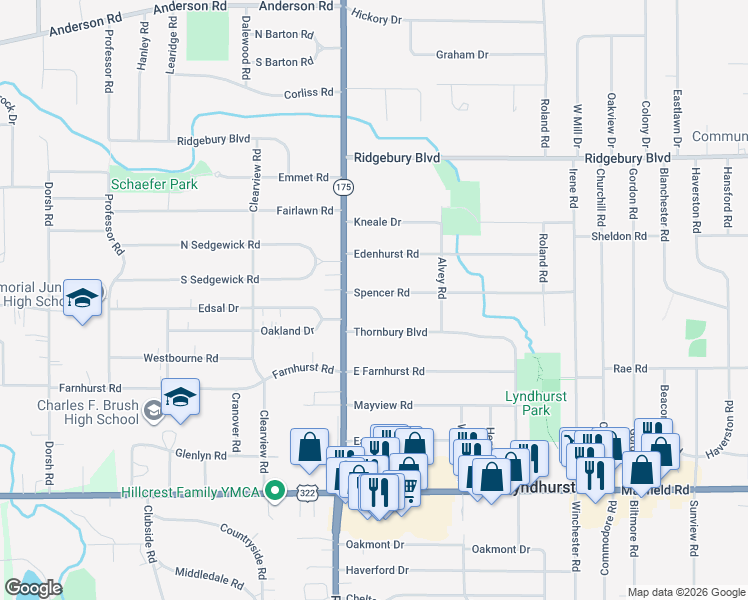 map of restaurants, bars, coffee shops, grocery stores, and more near 5096 Spencer Road in Lyndhurst