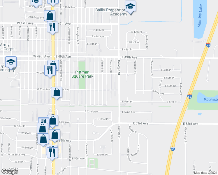 map of restaurants, bars, coffee shops, grocery stores, and more near 5082 Carolina Street in Gary