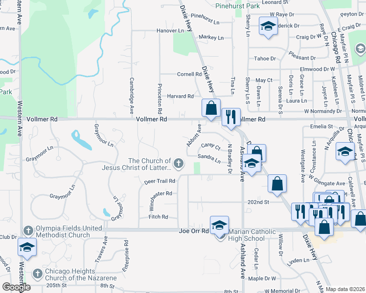 map of restaurants, bars, coffee shops, grocery stores, and more near 314 Abbott Avenue in Chicago Heights