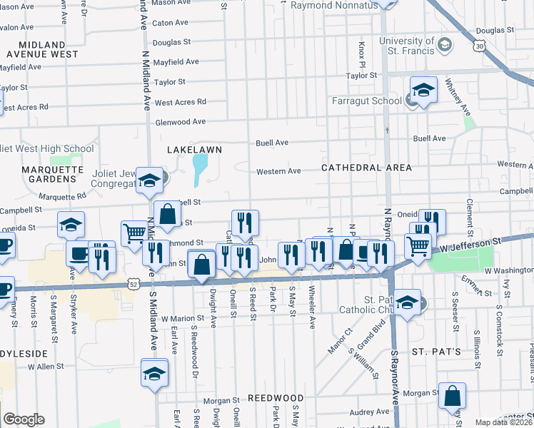 map of restaurants, bars, coffee shops, grocery stores, and more near 1019 Oneida Street in Joliet